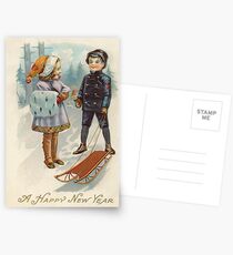 Happy New Year, elementary age, appy, wew, year, illustration, painting, art, lithograph, veil, two, real people, vertical, color image, females, pattern, clothing, retro style, old-fashioned Postcards