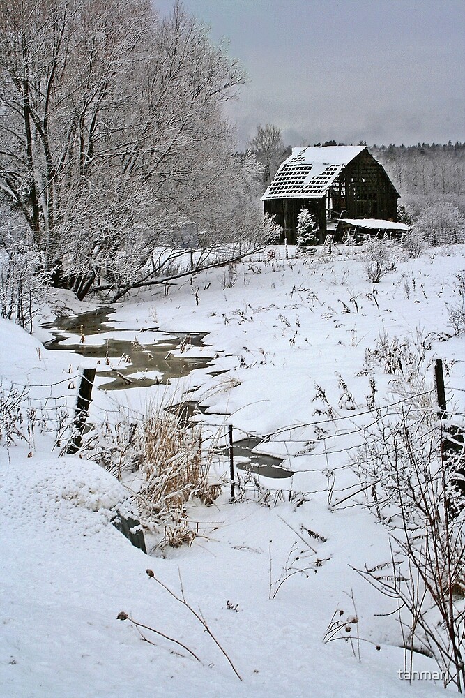 "Snow, barn and creek" by tanmari Redbubble