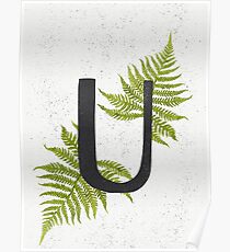 Black letter U monogram with green watercolor fern on beige background. Poster