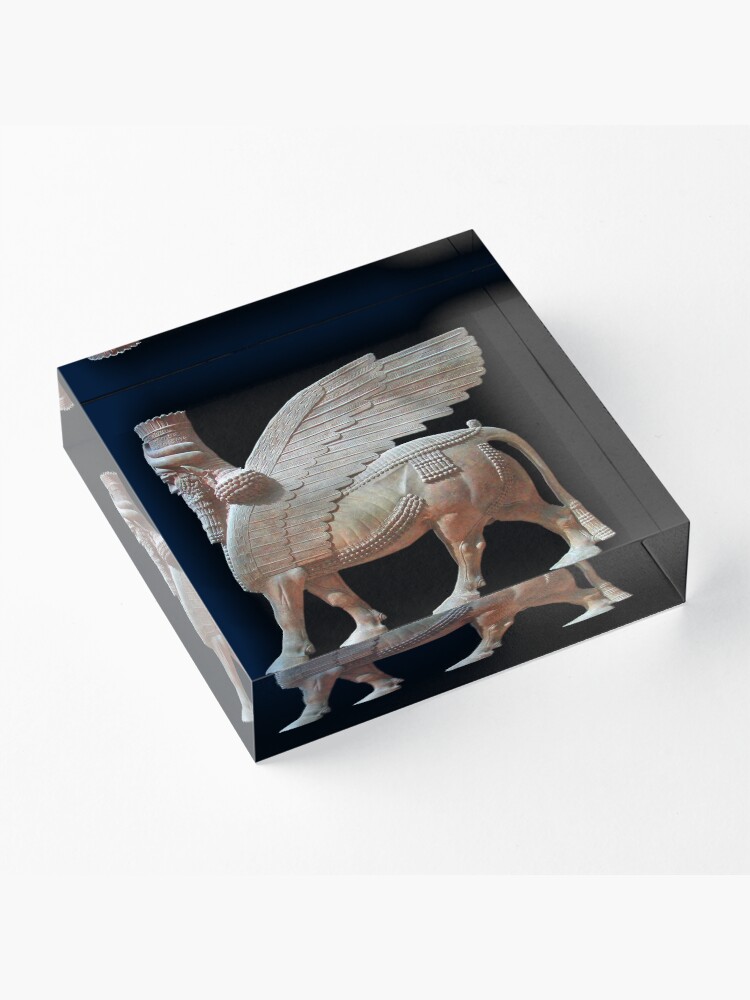 Alternate view of Human-headed winged bull. Assyrian Lamassu Statue. on Black. Acrylic Block