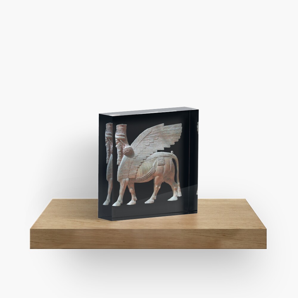Human-headed winged bull. Assyrian Lamassu Statue. on Black. Acrylic Block