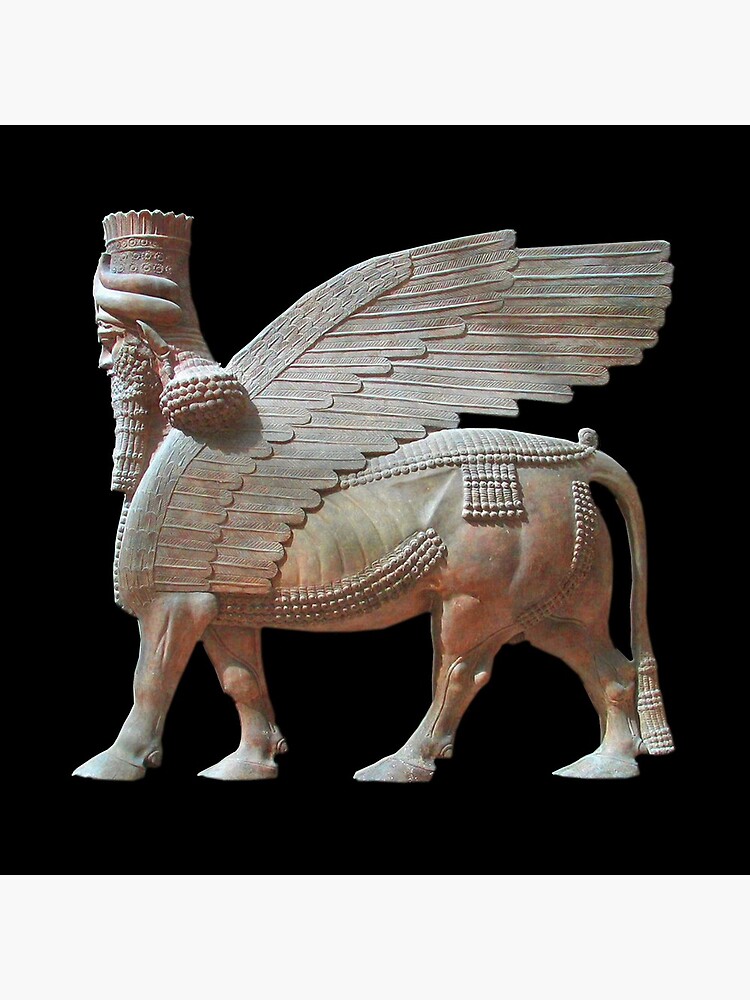Human-headed winged bull. Assyrian Lamassu Statue. on Black. by TOMSREDBUBBLE