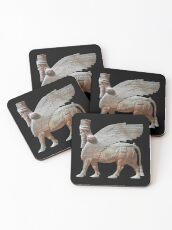 Human-headed winged bull. Assyrian Lamassu Statue. on Black. Coasters