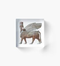 Bloque acrílico Toro alado de cabeza humana. Estatua asiria de lamassu. en blanco