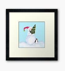 Smiling Snowman With Christmas Tree And Penguin Framed Print