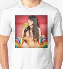 Hot Girl on T-shirt - Pinup Girl - Hot Asian Girl - Adult Actress - Porn Star Sophia Jade in Rainbow Stockings & Lollipop Graphic T-shirt Slim Fit T-Shirt