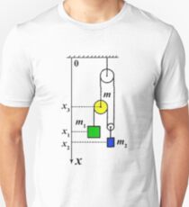 Physics Problem on motion of pulleys and masses connected by ropes under the influence of gravitation Unisex T-Shirt