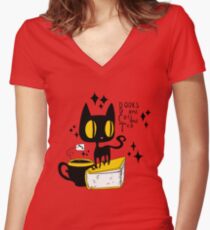 Books and Cats and Tea Women's Fitted V-Neck T-Shirt