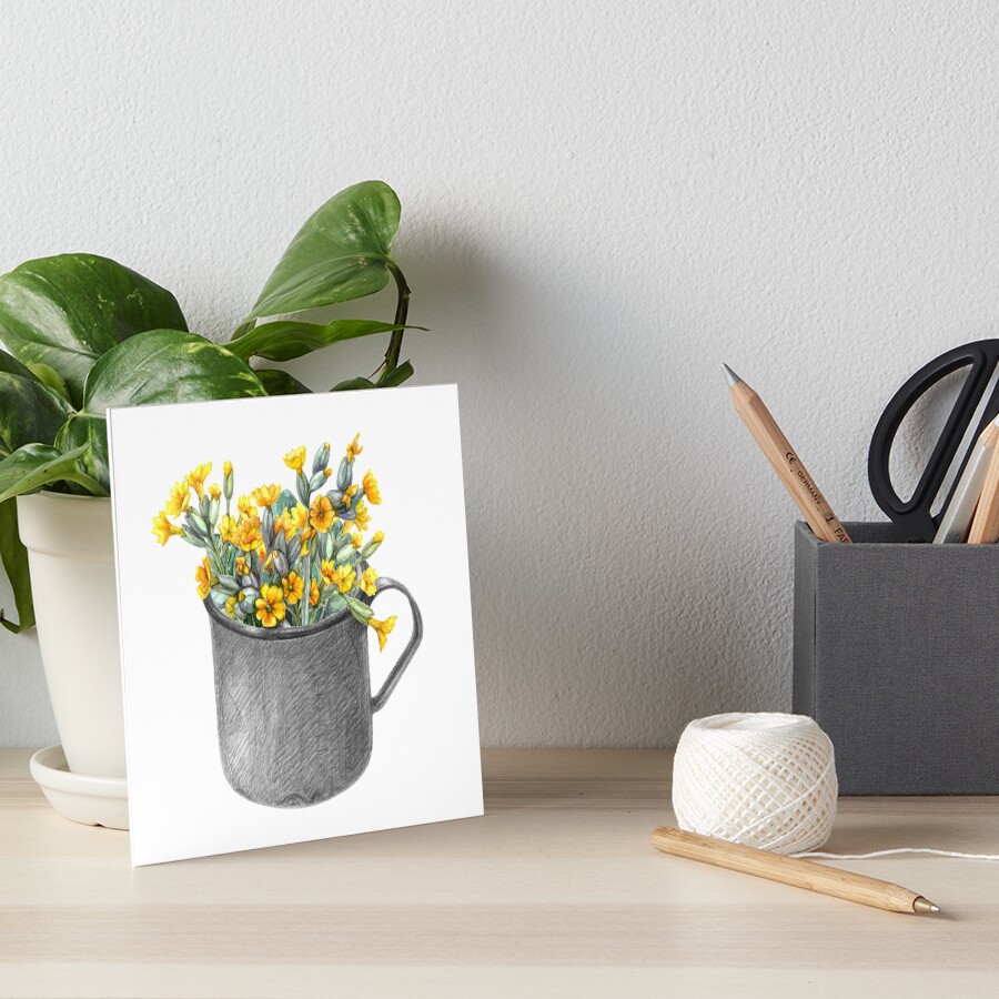 Mug with primulas Art Board Print