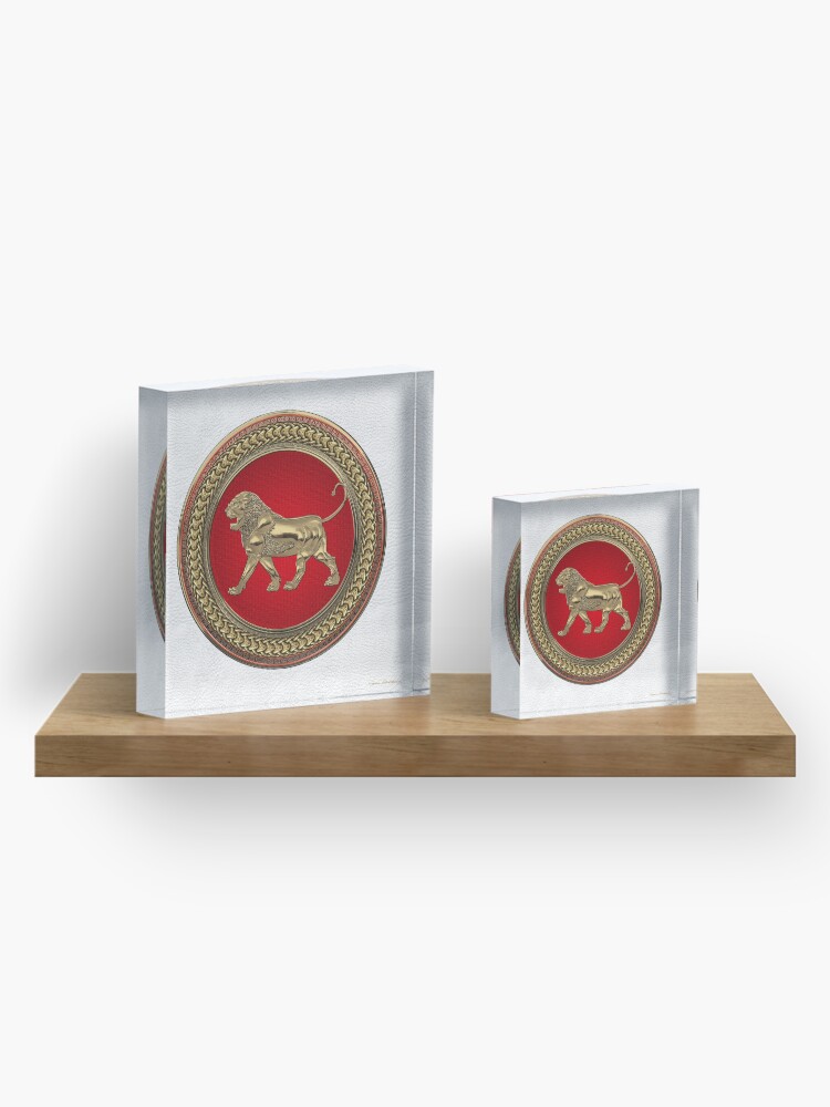 Alternate view of Gold Assyrian Lion on Red and Gold Medallion over White Leather Acrylic Block