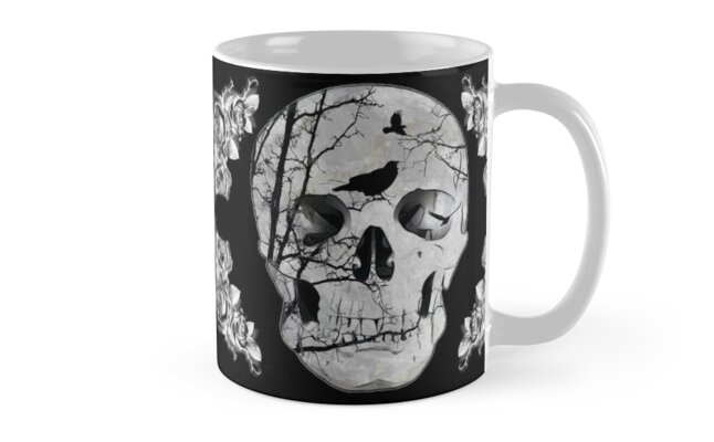 Gothic Black Crow Skull Silhouette White Rose Art Home Decor Matted Picture A353