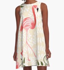 Flamingo mit Blumen-Illustration A-Linien Kleid
