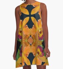 yellow-orange Cymbidium Orchid Kaleidoscope A-Line Dress