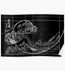 Hokusai Meets Fibonacci, Golden Ratio, White Line Poster