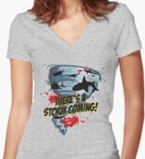Shark Tornado - Shark Cult Movie - Shark Attack - Shark Tornado Horror Movie Parody - Storm's Coming! Women's Fitted V-Neck T-Shirt
