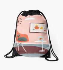 Midcentury Coral Decor With Black Cat And Gold Fish Drawstring Bag
