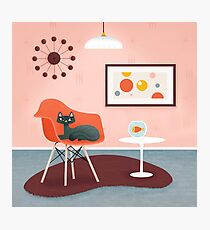 Midcentury Coral Decor With Black Cat And Gold Fish Photographic Print