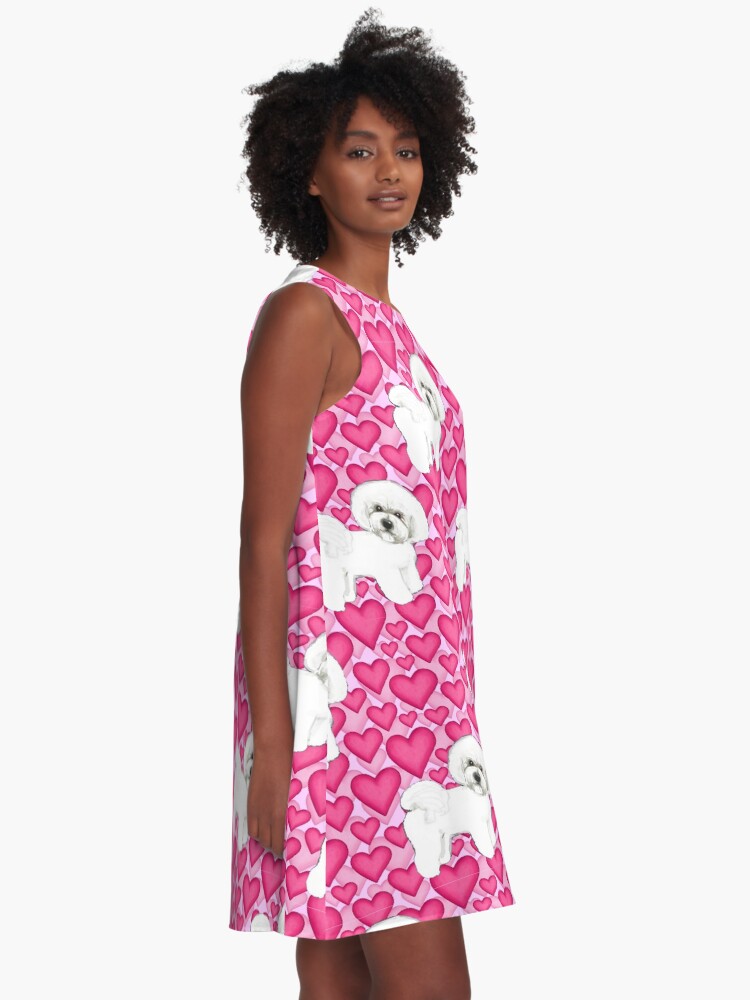 Alternate view of Bichon Frise Valentines Day Love hearts in pink A-Line Dress