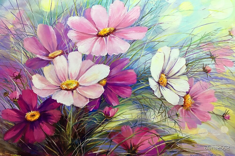 "cosmos flowers summer drawing" by olena2552 | Redbubble