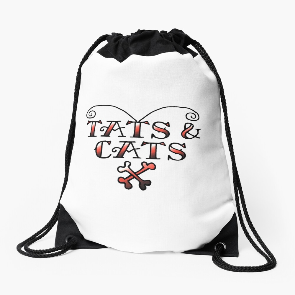 Love Tats & Cats Tattooed Cat Lovers Illustration (Black/Red) Drawstring Bag
