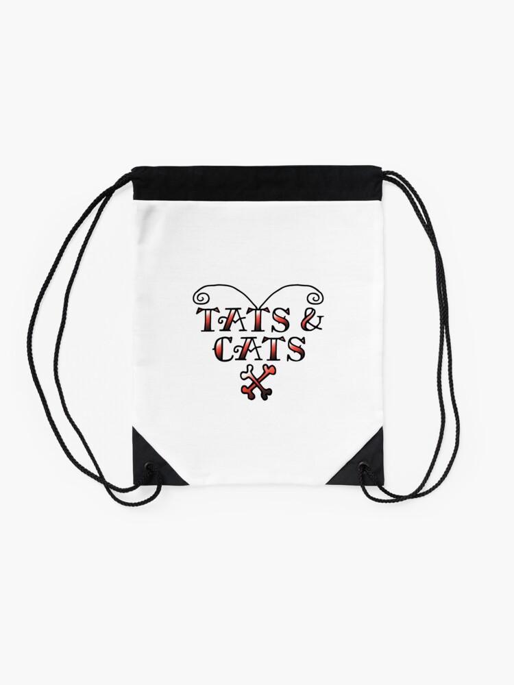 Alternate view of Love Tats & Cats Tattooed Cat Lovers Illustration (Black/Red) Drawstring Bag