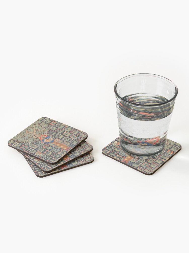 Alternate view of ANTIQUE MILLEFLEURS TAPESTRY,OAK TREE,ACORNS, LION HERALDIC SYMBOL,RED GREEN BLUE FLORAL Coasters (Set of 4)