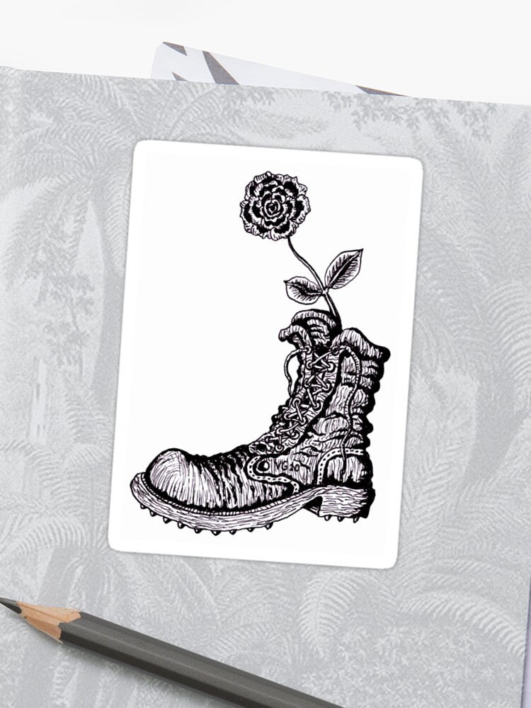 Boot With Flower Black And White Pen Ink Drawing Sticker By Vitaliy Gonikman