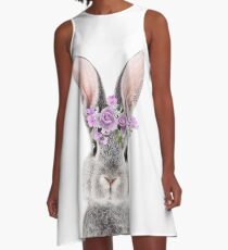 Häschen mit Blumen A-Linien Kleid