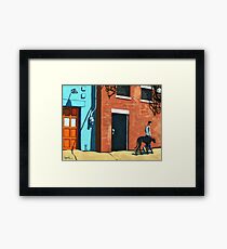 Woman Walking Dog on City Street Framed Print