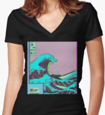 Camiseta entallada de cuello en V La gran ola de Vaporwave Kanagawa