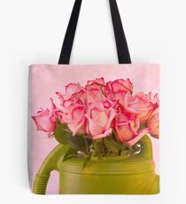 Pink Roses In Green Watering Can Tote Bag