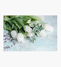 Pretty White Tulips on an old chippy table Photographic Print