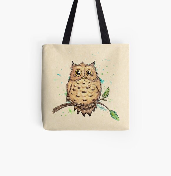 "Hoo, Me?" Baby Owl by Amber Marine, watercolor & ink, © 2019 All Over Print Tote Bag