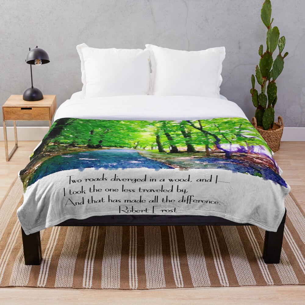 Robert Frost - Two roads diverged in a wood on a throw blanket
