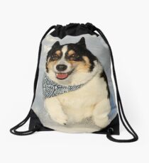 Corgi Running in Snow Drawstring Bag