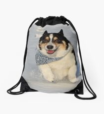 Corgi Running in Snow Drawstring Bag