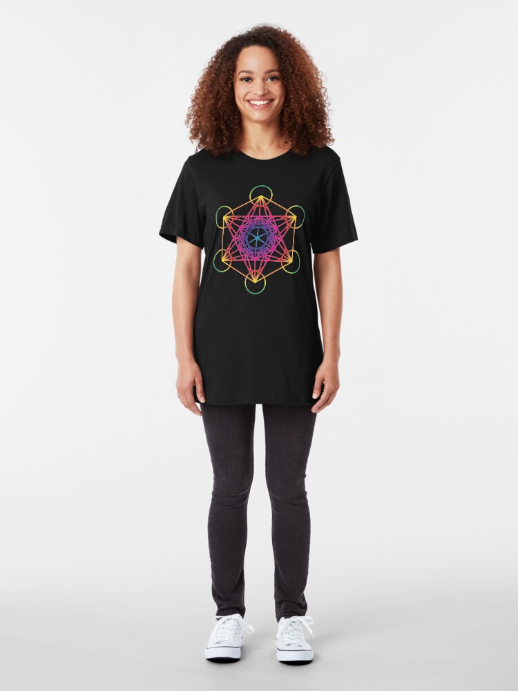 Alternate view of Sacred Geometry Geometric Mandala Metatrons Cube Flower Of Life Rainbow Slim Fit T-Shirt