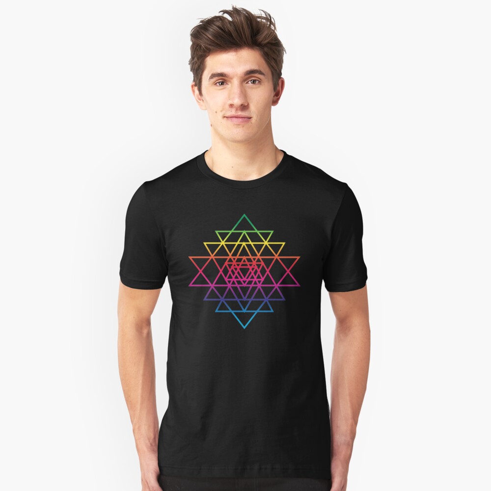 Sacred Geometry Geometric Mandala Flower Of Life Rainbow Sri Yantra Star Slim Fit T-Shirt