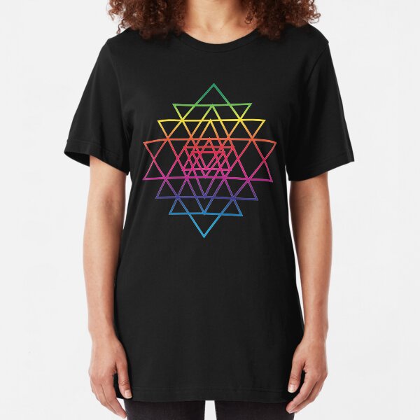 Sacred Geometry Geometric Mandala Flower Of Life Rainbow Sri Yantra Star Slim Fit T-Shirt