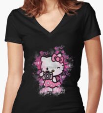 Camiseta entallada de cuello en V Camisa inspirada de Hello Kitty con arte de acuarela