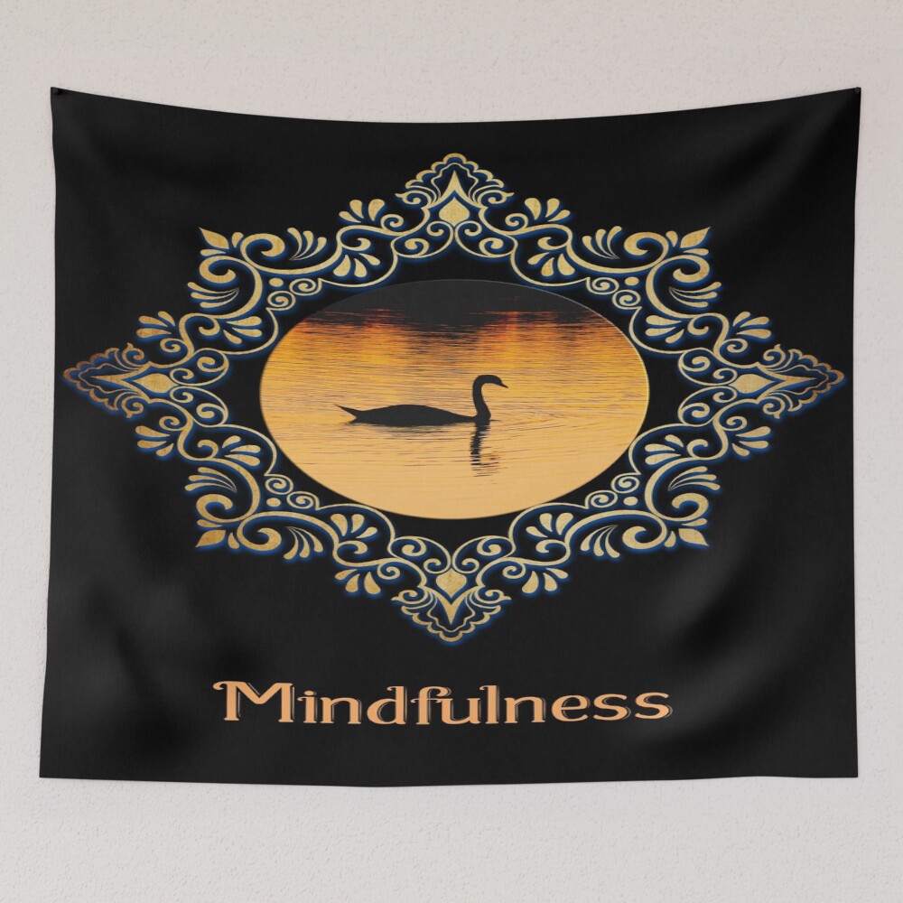 Mindfulness - Lonely swan in the lake of tranquility on a tapestry