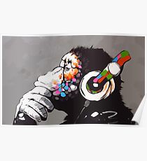 Banksy DJ Monkey Thinker with Headphones Poster