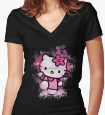Camiseta entallada de cuello en V Camisa inspirada de Hello Kitty con arte de acuarela