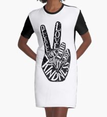 Friedenszeichen mit Wörtern Frieden, Liebe, Glaube, Freude, Hoffnung, Freundlichkeit, Einheit T-Shirt Kleid