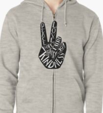 Sudadera con capucha y cremallera Signo de la paz con palabras Paz, amor, fe, alegría, esperanza, amabilidad, unidad