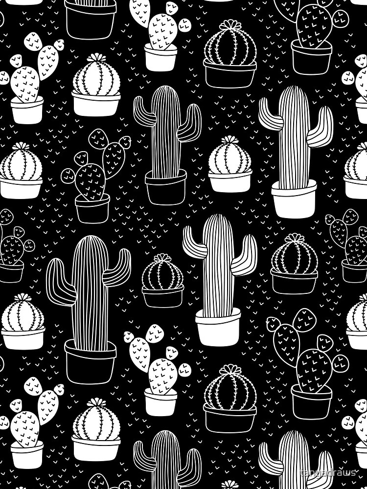Black & White Cactus Doodle Pattern by tanyadraws