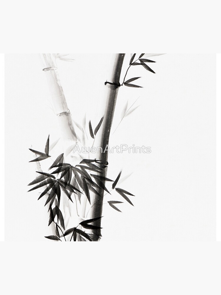Three bamboo stalks with leaves artistic Japanese Zen Sumi-e painting on white art print by AwenArtPrints