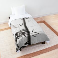 Three bamboo stalks with leaves artistic Japanese Zen Sumi-e painting on white art print Comforter