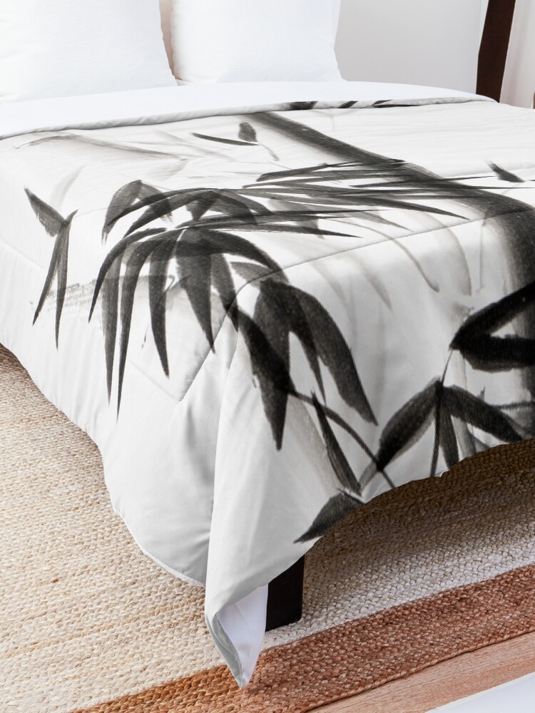 Alternate view of Three bamboo stalks with leaves artistic Japanese Zen Sumi-e painting on white art print Comforter