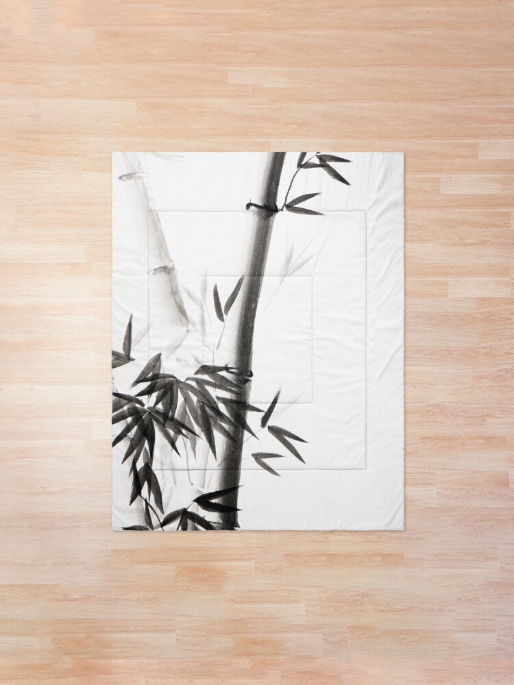 Alternate view of Three bamboo stalks with leaves artistic Japanese Zen Sumi-e painting on white art print Comforter